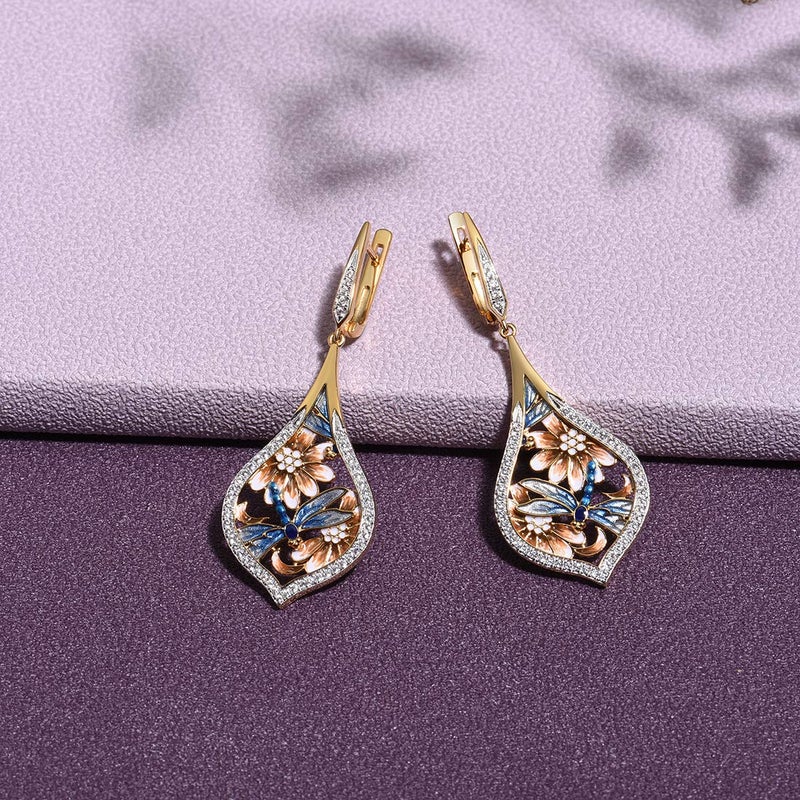 Santuzza Dragonfly Earrings Enamel Flower Cubic Zirconia 14K Gold Plated Sterling Silver Drop Earrings for Women - Image 3